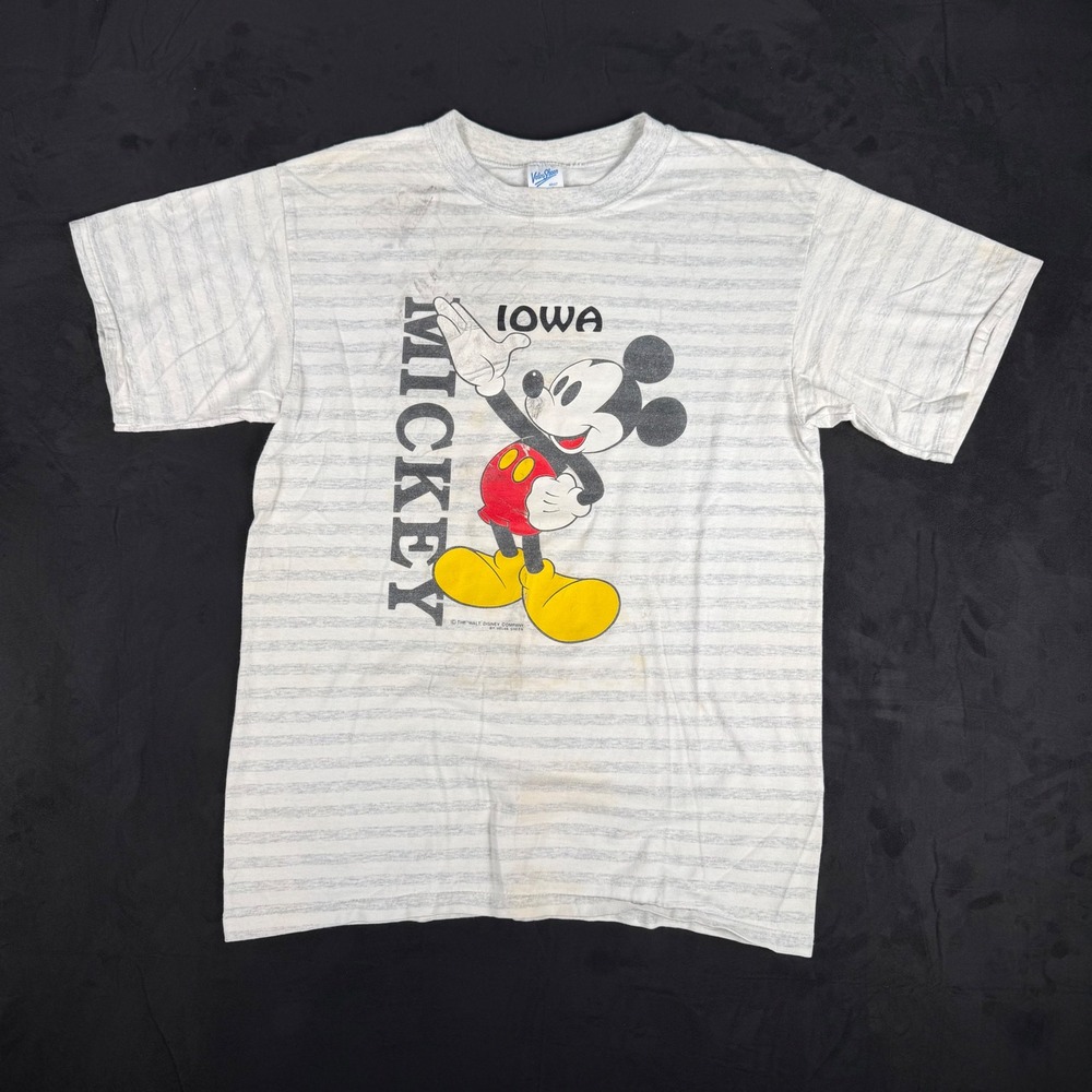 90s Mens Velva Sheen Mickey Mouse Iowa Striped Single Stitch T-Shirt Large